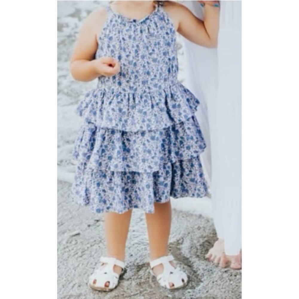 Janie & Jack Baby Girl Blue and Pink Floral Tiered Dress Size 12-18 Months